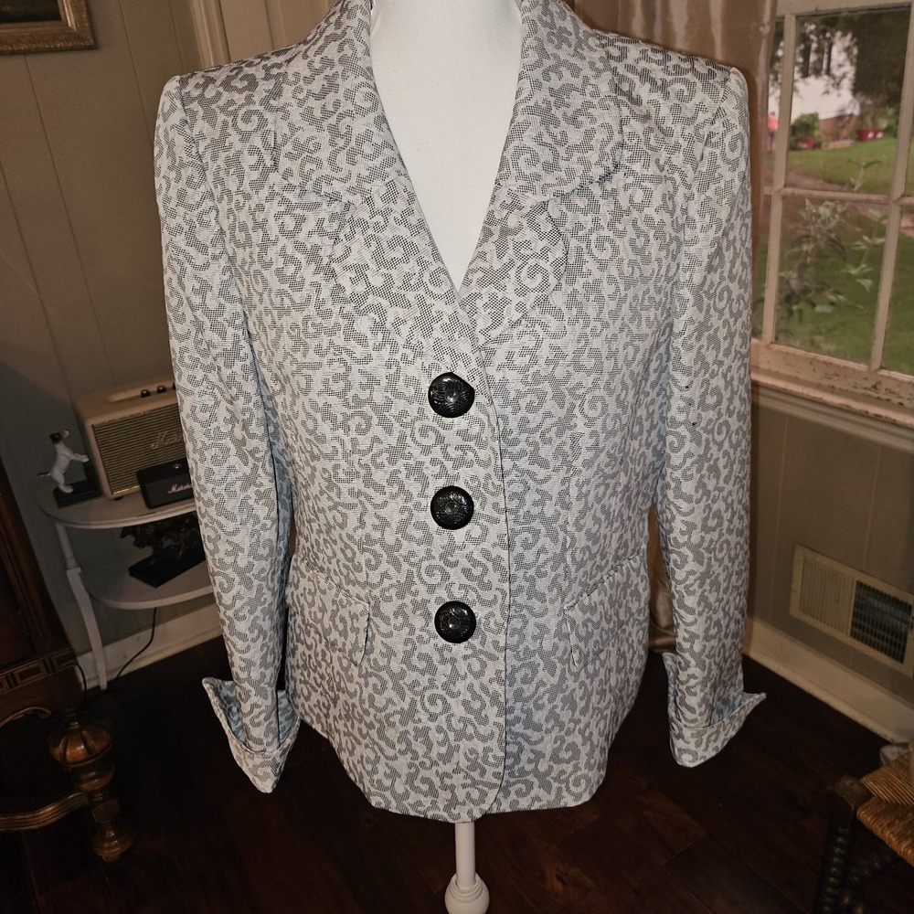 Women's White Gray Textured Print Tailored Blazer Sz 10 Lined. Versatile Timeles
